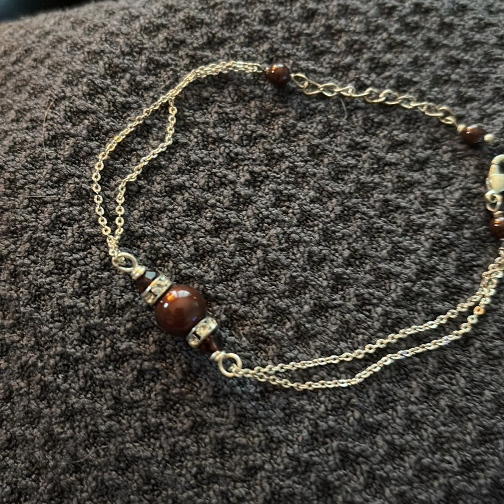 Dainty Silver Bracelet With Brown Beads